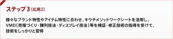 ステップ3：様々なブランド特性やアイテム特性に合わせ、キウチメソッドワークシートを活用し、VMD（売場づくり・陳列技法・ディスプレイ技法）等を検証・修正技術の指導を受けて、技術をしっかりと習得